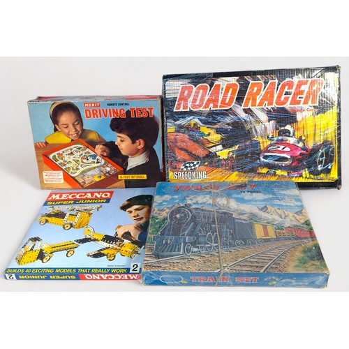 465 - A collection of assorted vintage toy sets, to include a train set, slot car racing set and building ... 