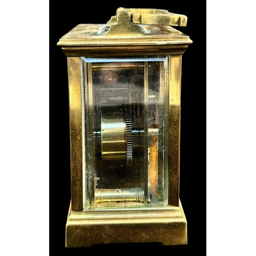 507 - A Brass Cased Carriage Clock, with French spring-driven 8-day movement, white enamel dial with Roman... 