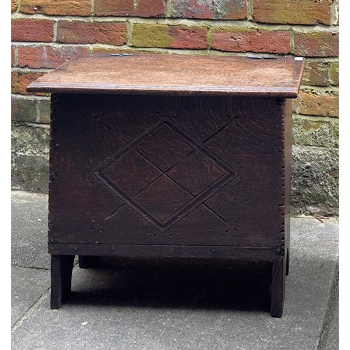 618 - A 17th Century miniature oak six plank coffer, the chip and channel carved top and diamond lozenge c... 