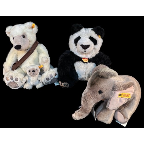 475 - Three Steiff teddy bears modelled various animals, comprising, Manschli (Panda), 064258, Trampili (E... 