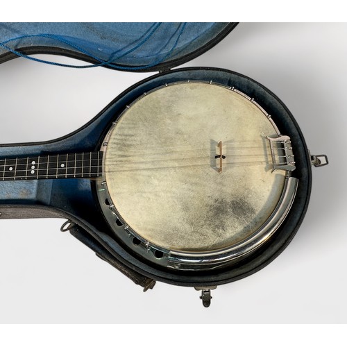 365 - A Boosey & Co. Ltd four string banjo, with satinwood body, 82cm long, in fitted and lined hard case,... 