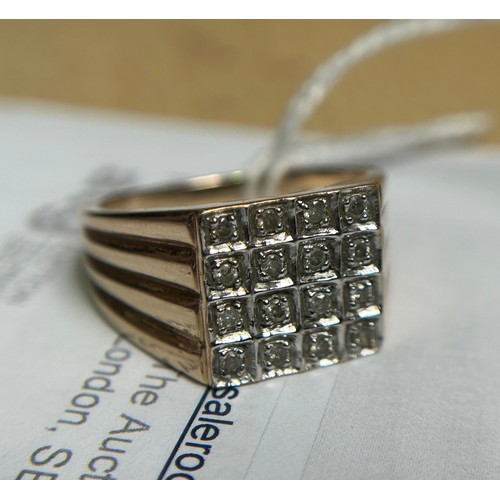 185 - A 9ct yellow gold gents dress ring, claw set with 16 x small diamonds, in a square top design, with ... 