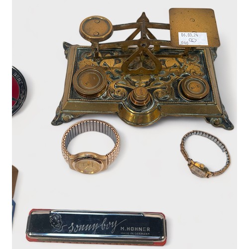 325 - Assorted collectables, comprising, British Rail worker’s hat, silver-plated vesta and stamp case in ... 