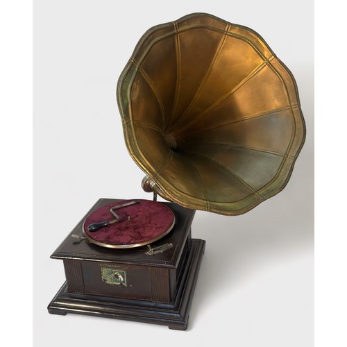 327 - A stained wooden His Masters Voice gramophone, with brass horn, together with eight Elvis Presley 78... 