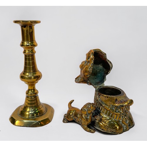 328 - A small quantity of assorted brass wares, comprising, a 19th century brass desk inkwell in the form ... 