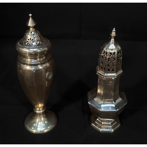 76 - Two George V silver sugar casters, one of inverted baluster form with vertical panelled sides, Birmi... 