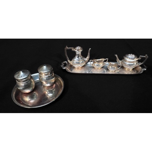 80 - A five-piece miniature silver tea and coffee set on oblong twin-handled tray, coffee pot London, 196... 