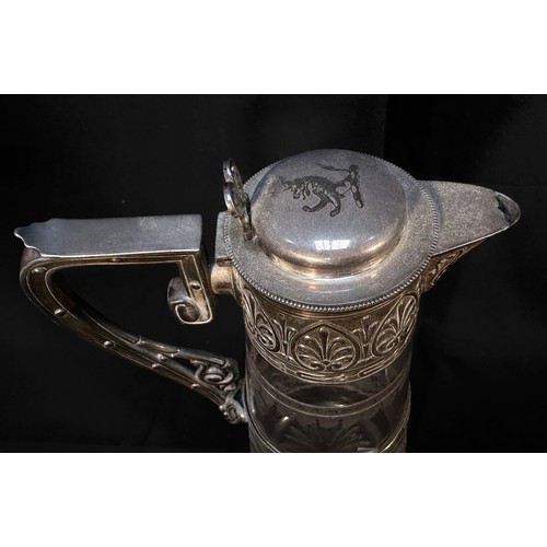 92 - A late Victorian Elkington & Co claret jug, with anthemion cast and silver-plated mounts, cut and et... 