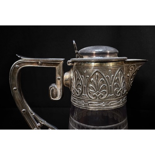 92 - A late Victorian Elkington & Co claret jug, with anthemion cast and silver-plated mounts, cut and et... 