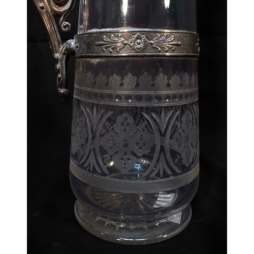 92 - A late Victorian Elkington & Co claret jug, with anthemion cast and silver-plated mounts, cut and et... 