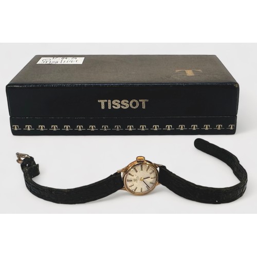 117 - A ladies vintage 9ct gold cased Tissot wristwatch, the silvered dial with applied batons denoting ho... 