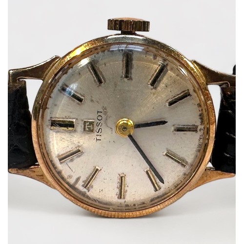 117 - A ladies vintage 9ct gold cased Tissot wristwatch, the silvered dial with applied batons denoting ho... 