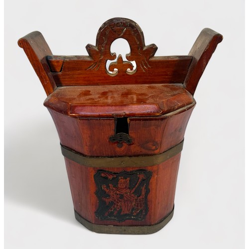 374 - A Chinese coopered oval wooden barrel with detachable baby-bath top, together with a coopered wooden... 