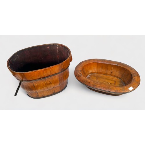 374 - A Chinese coopered oval wooden barrel with detachable baby-bath top, together with a coopered wooden... 