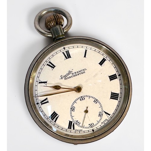 121 - A white metal cased Everite open-faced pocket watch, dial inscribed ‘Everite H. Samuel Manchester’, ... 