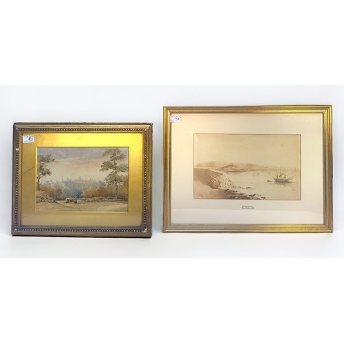 560 - Maud Hutton, watercolour, sepia tones, Drakes Island c.1840, 18 x 29cm, together with a 19th century... 