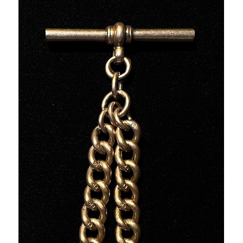 125 - A 9ct gold graduated curb double-Albert chain, with t-bar, lobster clip and dog clip, gross weight a... 