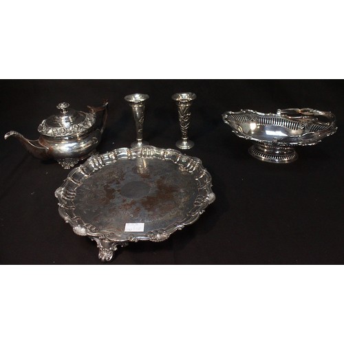 95 - A collection of assorted silver wares including a pair of silver posy vases, a silver cigarette case... 