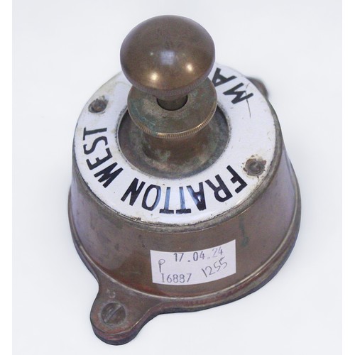 390 - A Southern Railway brass cased signal box Bell Plunger with enamel ring for ‘Fratton West - Main’, a... 