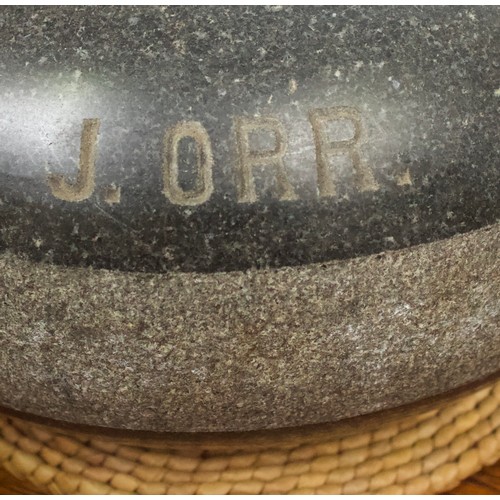 387 - Two various granite curling stones, one with ribbed handle, diamond registration mark and stamped 'T... 