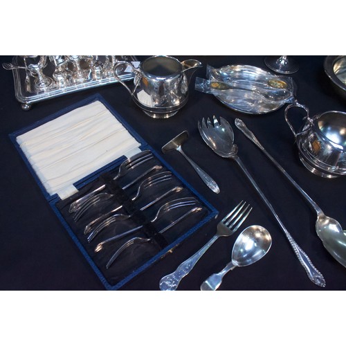 97 - A collection of assorted silver-plated items including a James Dixon & Sons cruet egg set, a muffin ... 