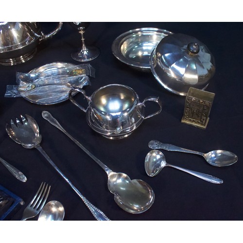 97 - A collection of assorted silver-plated items including a James Dixon & Sons cruet egg set, a muffin ... 