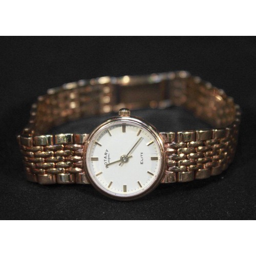 116 - A ladies 9ct gold Rotary ‘Elite’ wristwatch, the off white dial with applied gilt batons denoting ho... 