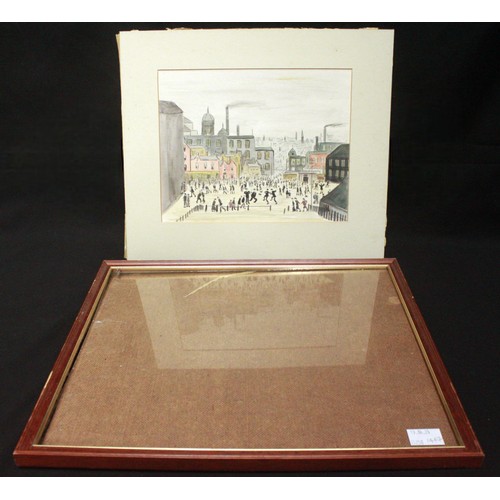 577 - WITHDRAWN: Manner of L.S. Lowry R.A. 'Our Town,' figures in a busy square with industrial urban back... 