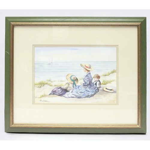 566 - Faye Whittaker, Children wearing Victorian style clothing on a sandy beach, and another two by the s... 