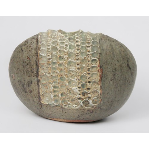 26 - Alan Wallwork (1931-2019), Stoneware 'pebble' vase of compressed ovoid form with impressed decoratio... 