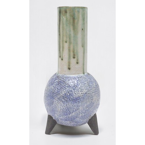 29 - A 'PJB' stoneware pottery tripod cauldron vase, with three hollow handles, 15cm high, together with ... 