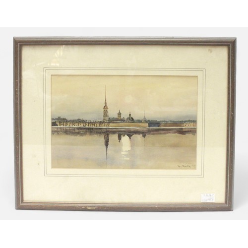 579 - Robert Crisp (20th British), St Petersburg from the Neva River, signed, watercolour on paper, 21x32c... 