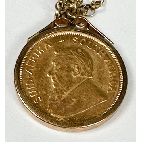 192 - A 1/10th Kruggerand coin in pendant mount and 9ct gold fine belcher link chain, total weight 6.4 gra... 