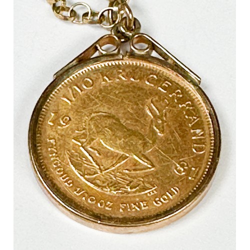 192 - A 1/10th Kruggerand coin in pendant mount and 9ct gold fine belcher link chain, total weight 6.4 gra... 