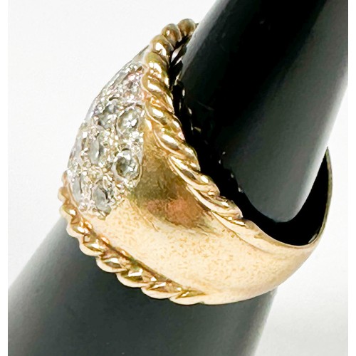 196 - A 9ct yellow gold wide band dress ring, set with white faceted stones, weight 6.9 grams.