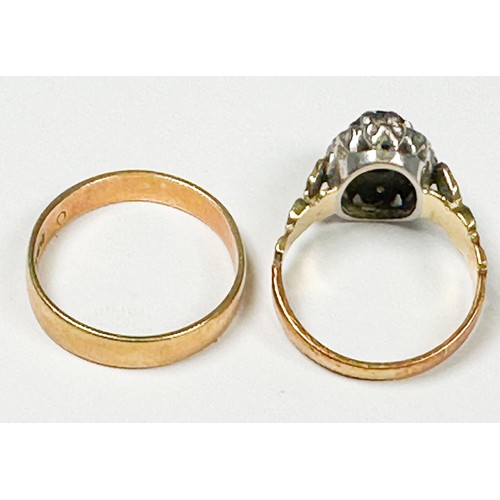 200 - An 18ct gold wedding ring, together with an 18ct gold sapphire and diamond dress ring, set with an o... 