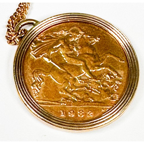 201 - A 22ct gold half Sovereign in 9ct gold pendant mount, suspended on 9ct yellow gold fine-curb link ch... 