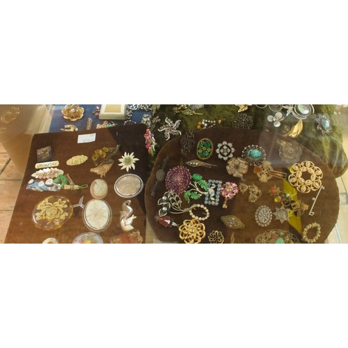 221 - A good quantity of costume jewllery including brooches, earrings, rings, buckles etc, in two clear p... 