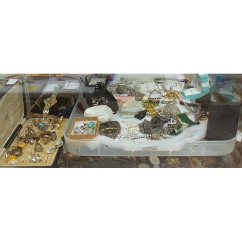 221 - A good quantity of costume jewllery including brooches, earrings, rings, buckles etc, in two clear p... 