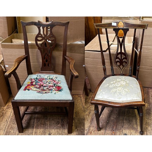 640 - An 18ct century 'Chippendale Style' oak carver chair, with floral tapestry drop-in seat raised on st... 