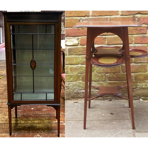 637 - An Edwardian stained walnut single door display cabinet, and an Edwardian stained wood jardinière ta... 