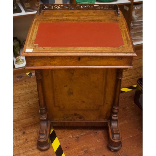 647 - A Victorian burr walnut Davenport desk, with three-quarter pierced fretwork gallery with secret lock... 