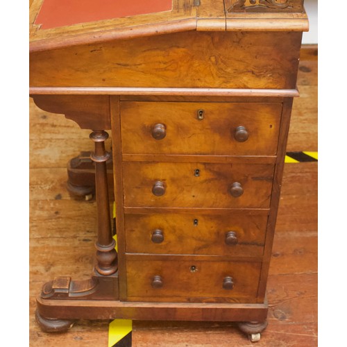 647 - A Victorian burr walnut Davenport desk, with three-quarter pierced fretwork gallery with secret lock... 