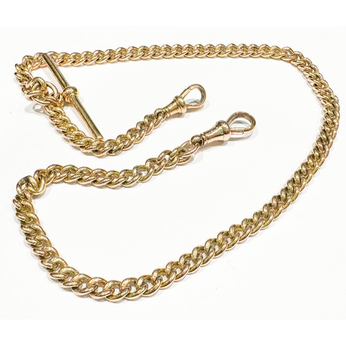 160 - A 9ct gold Albert watch chain and bar with lobster catch at each end, weighs 28.5 grams.