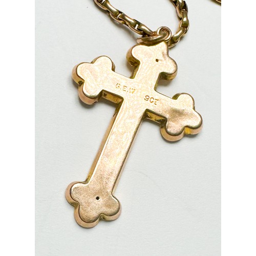 256 - A 9ct gold cross and chain, cross with engraved floral pattern to the front, plain back, total weigh... 