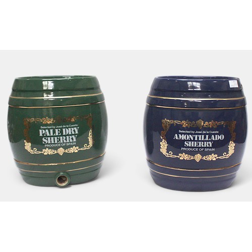 383 - Three small coopered barrels, 40cm tall, together with two Royal Norfolk ceramic drum barrels for Pa... 