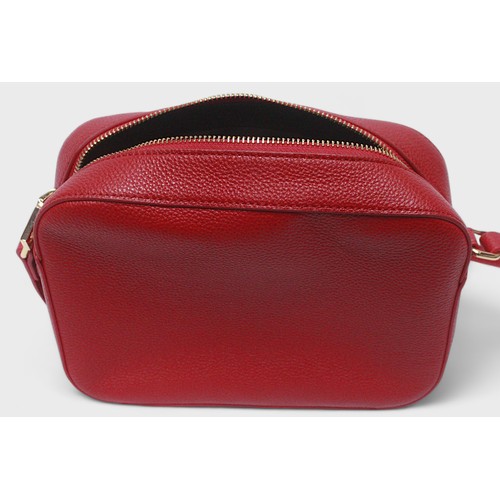 491 - A red leather Love Moschino cross body bag, with gilt lettering to front and strap with gilt hardwar... 