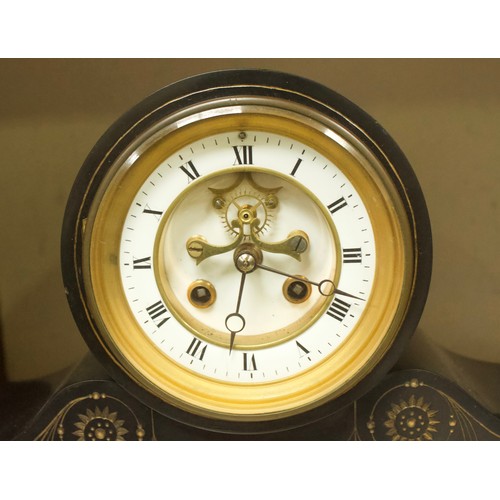 524 - A Victorian slate striking mantel clock, the white enamel dial with Roman numerals denoting hours an... 