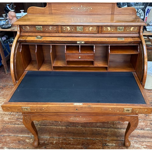 625 - A 20th Century brass inlaid hardwood bureau, cylinder front opens to reveal writing slide and pigeon... 