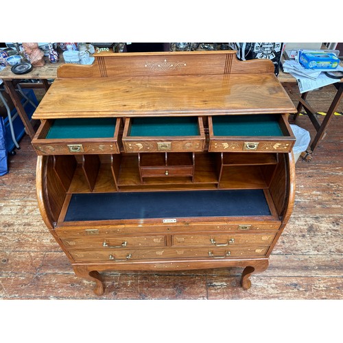 625 - A 20th Century brass inlaid hardwood bureau, cylinder front opens to reveal writing slide and pigeon... 